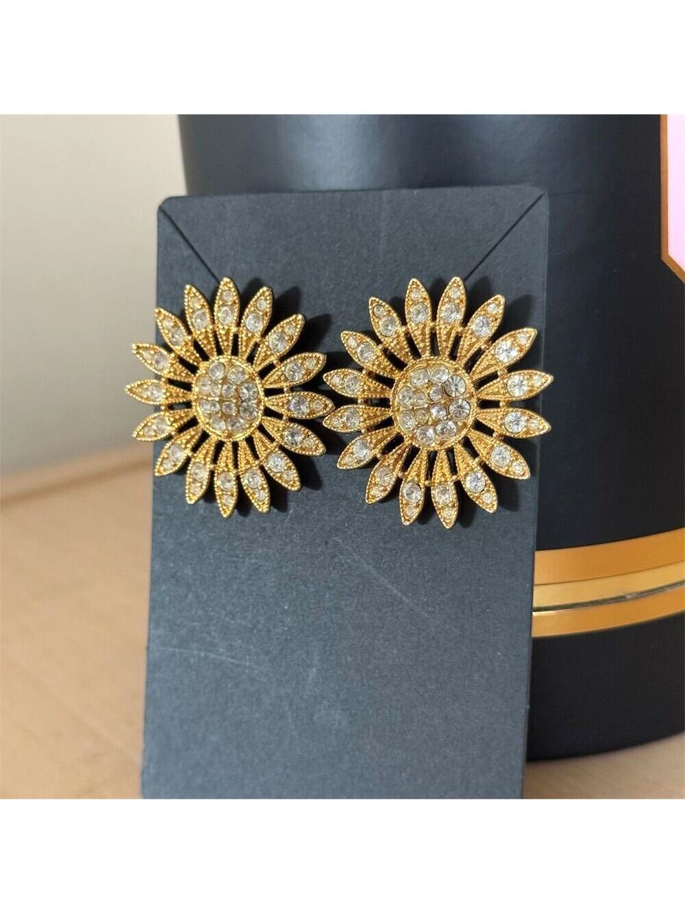 Vintage Avon Gold Rhinestone Earrings Sunburst Flower Crystal Costume Jewelry